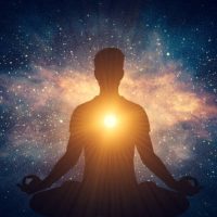 Man and soul. Yoga lotus pose meditation on nebula galaxy background. Zen, spiritual well-being